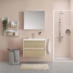 Tiger Reverse Meubelset 80 Cm Met 2 Lades Naturel Eik / Mat Wit Inclusief Quadro Wastafel Hoogglans Wit -Gamma Badkamer Winkel 123 1641