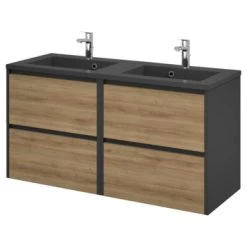 Tiger Reverse Meubelset 2x60 Cm Met 4 Lades Chalet Eik / Mat Zwart Inclusief 2 Quadro Wastafels Mat Zwart