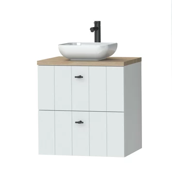 Tiger Maryport Badkamermeubelset 60 cm Mat wit met licht eiken wasblad, witte keramische opzetkom en matzwarte grepen Tiger Maryport Badkamermeubelset 60 Cm Mat Wit Met Licht Eiken Wasblad, Witte Keramische Opzetkom En Matzwarte Grepen -Gamma Badkamer Winkel 123 2031