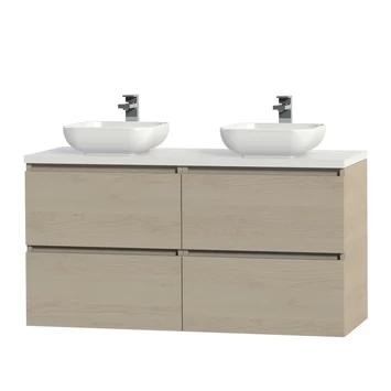 Tiger Karlo Badkamermeubelset 120 cm Naturel eik met wit houten wasblad en glanzend witte keramische waskom Tiger Karlo Badkamermeubelset 120 Cm Naturel Eik Met Wit Houten Wasblad En Glanzend Witte Keramische Waskom -Gamma Badkamer Winkel 123 2110