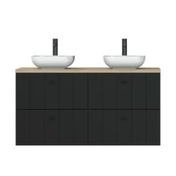 Tiger Maryport Badkamermeubelset 120 Cm Mat Zwart Met Licht Eiken Houten Wasblad, Keramische Opzetkommen En Matzwarte Grepen -Gamma Badkamer Winkel 123 2187
