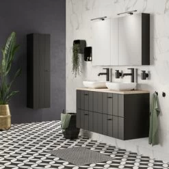 Tiger Maryport Badkamermeubelset 120 Cm Mat Zwart Met Licht Eiken Houten Wasblad, Keramische Opzetkommen En Matzwarte Grepen -Gamma Badkamer Winkel 123 2192